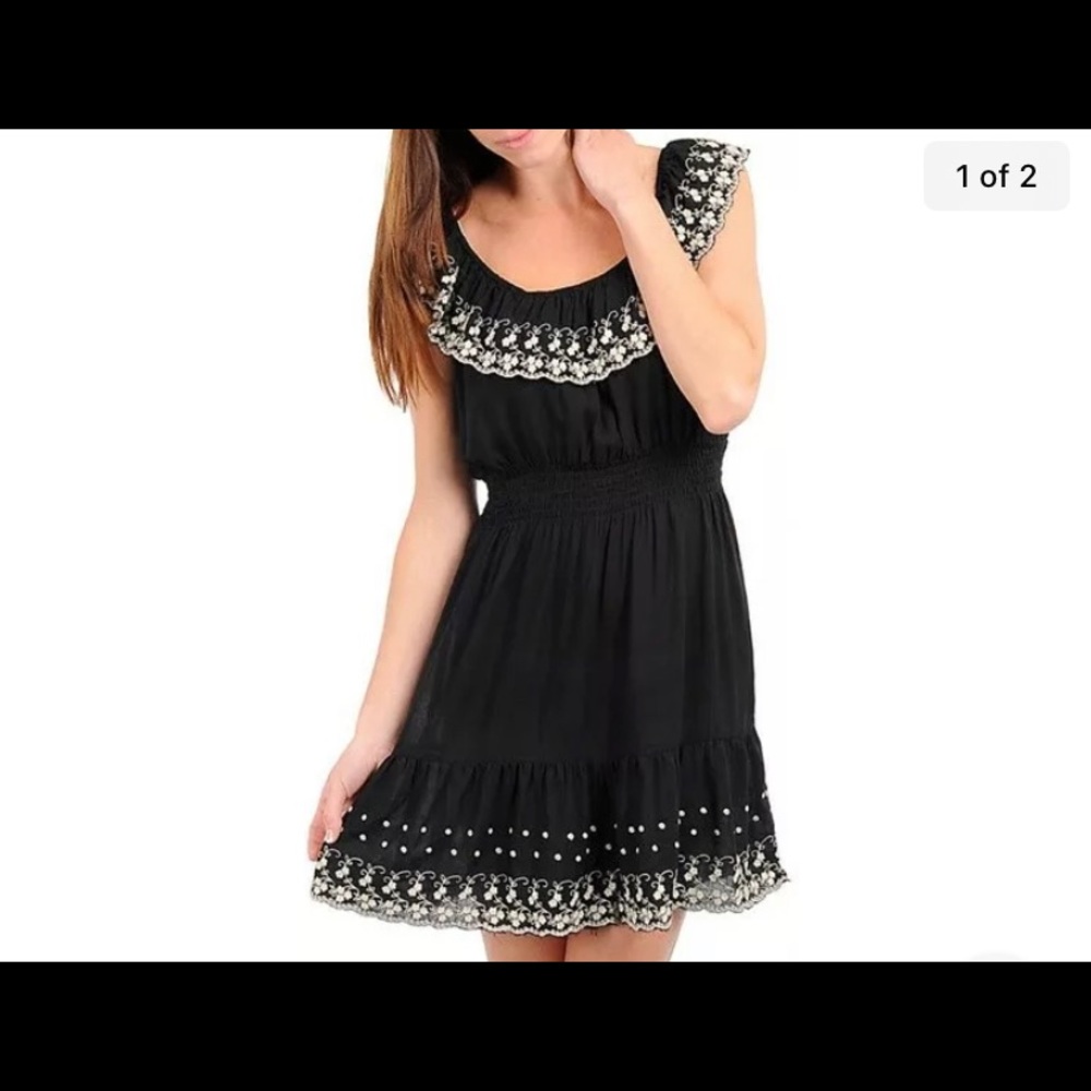 Black Smocked Ruffled Embroidered mini dress New